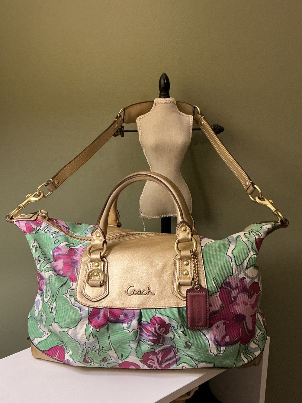 Coach Ashley Floral Canvas Satchel with Gold Leather Trim & Strap Purple Floral